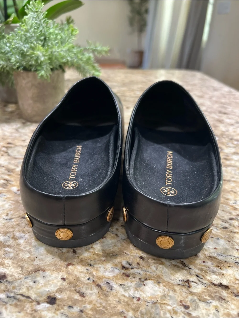 Tory Burch Black Leather Platform Mules with Gold Coins 6M